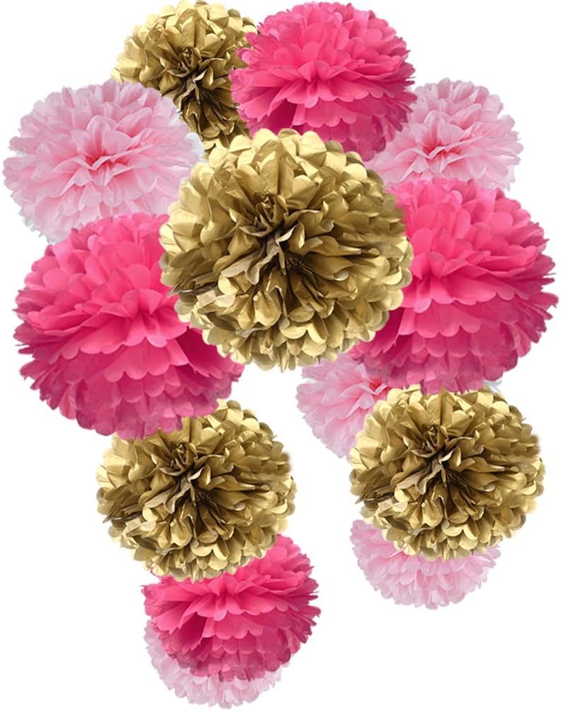 Gold Hot Pink and Pink Paper Flower Tissue Pom Poms for Baby Shower Bridal Engagement Bachelor