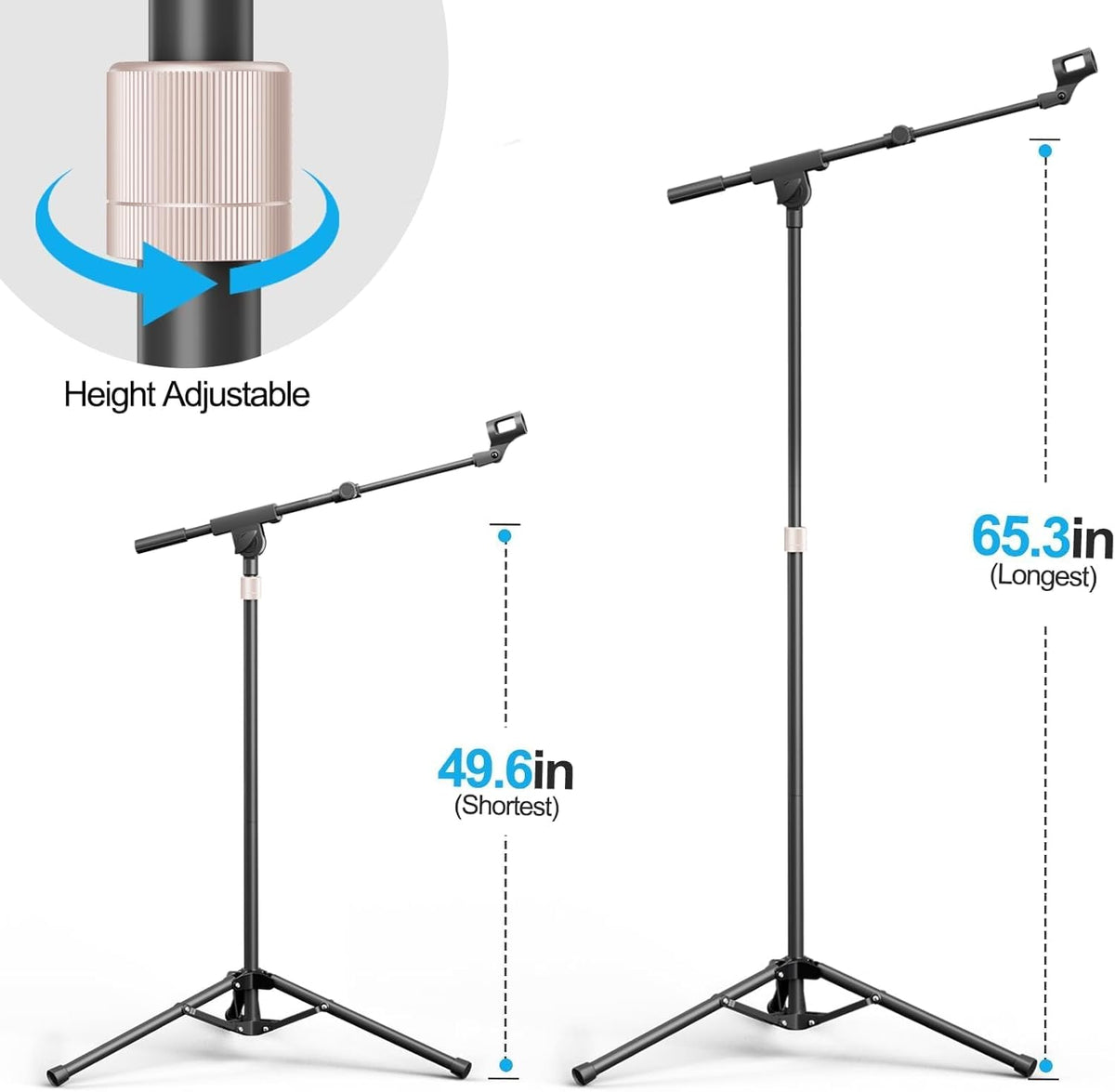 Mic Stand with Boom Arm, Heavy Duty Tripod Microphone Stand Floor Holder Height Adjustable with