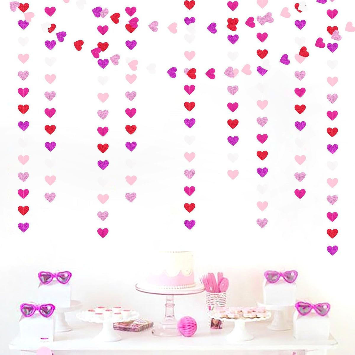 Purple Hot-Pink Red Party-Decoration Heart-Garland - 52ft Galentines Hanging Paper Streamers