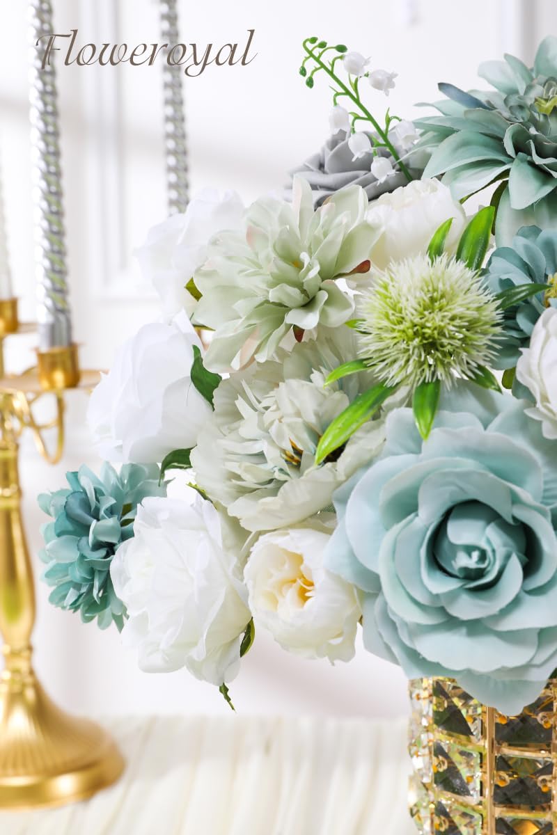 Floweroyal Artificial Flowers Combo Teal Blue Flowers Mix Silk Flowers Dahlia Roses with Stems for