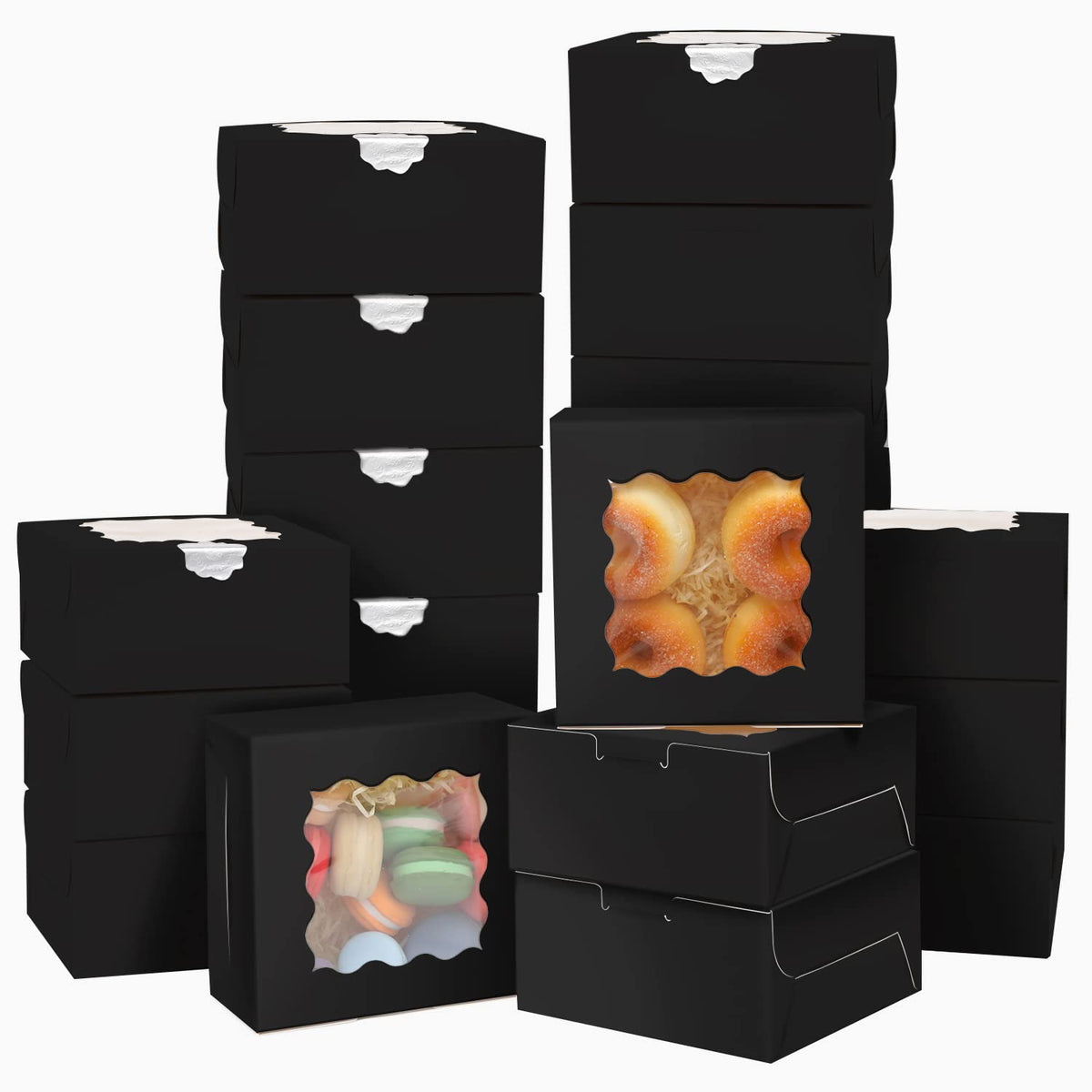 Bakepacker Black Bakery Boxes with Window 6x6x3 inches Thick & Sturdy Macaroon Pastry Boxes Cookie
