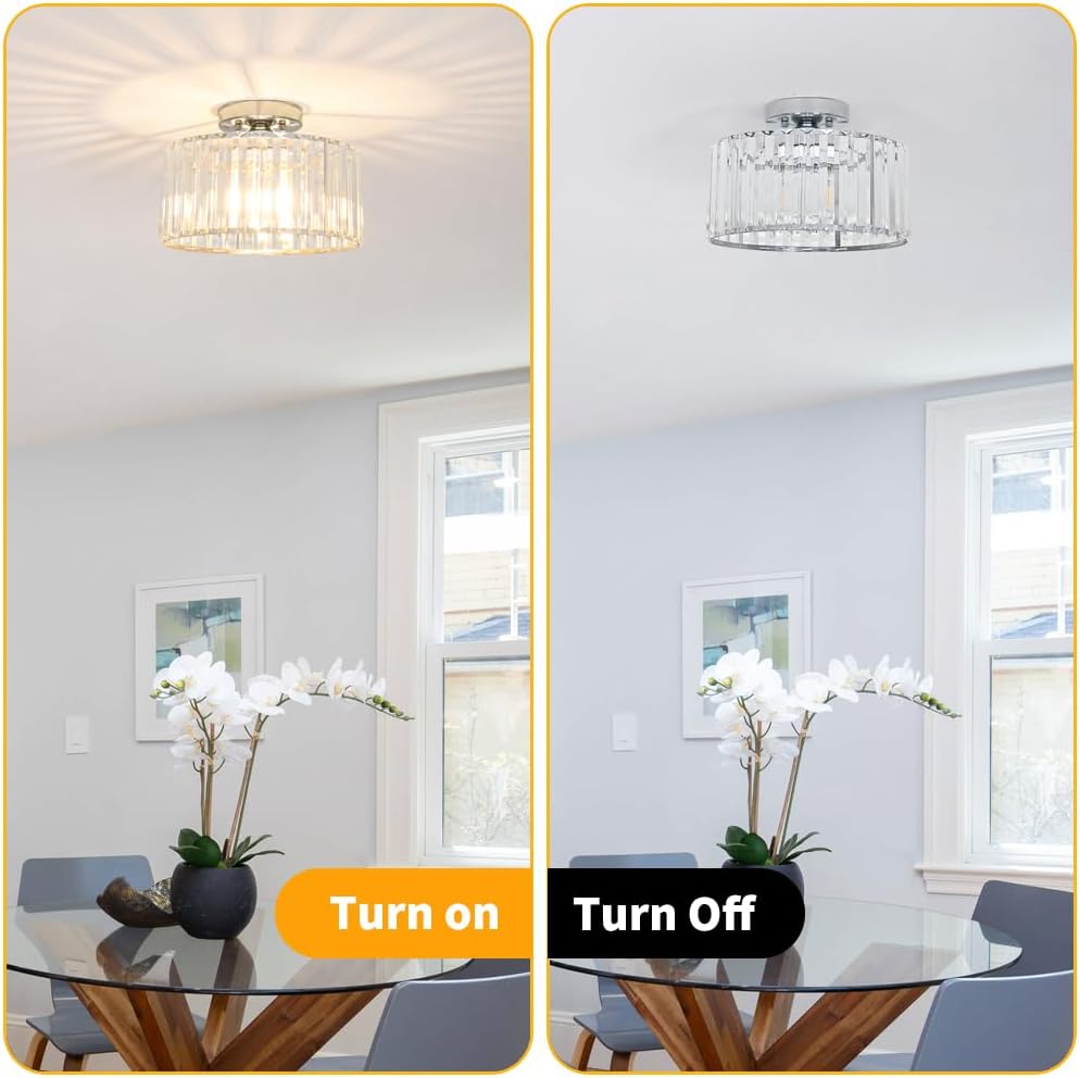 Crystal Ceiling Light Fixture, Chrome Close To Ceiling Light Fixtures, Modern Semi Flush Mount