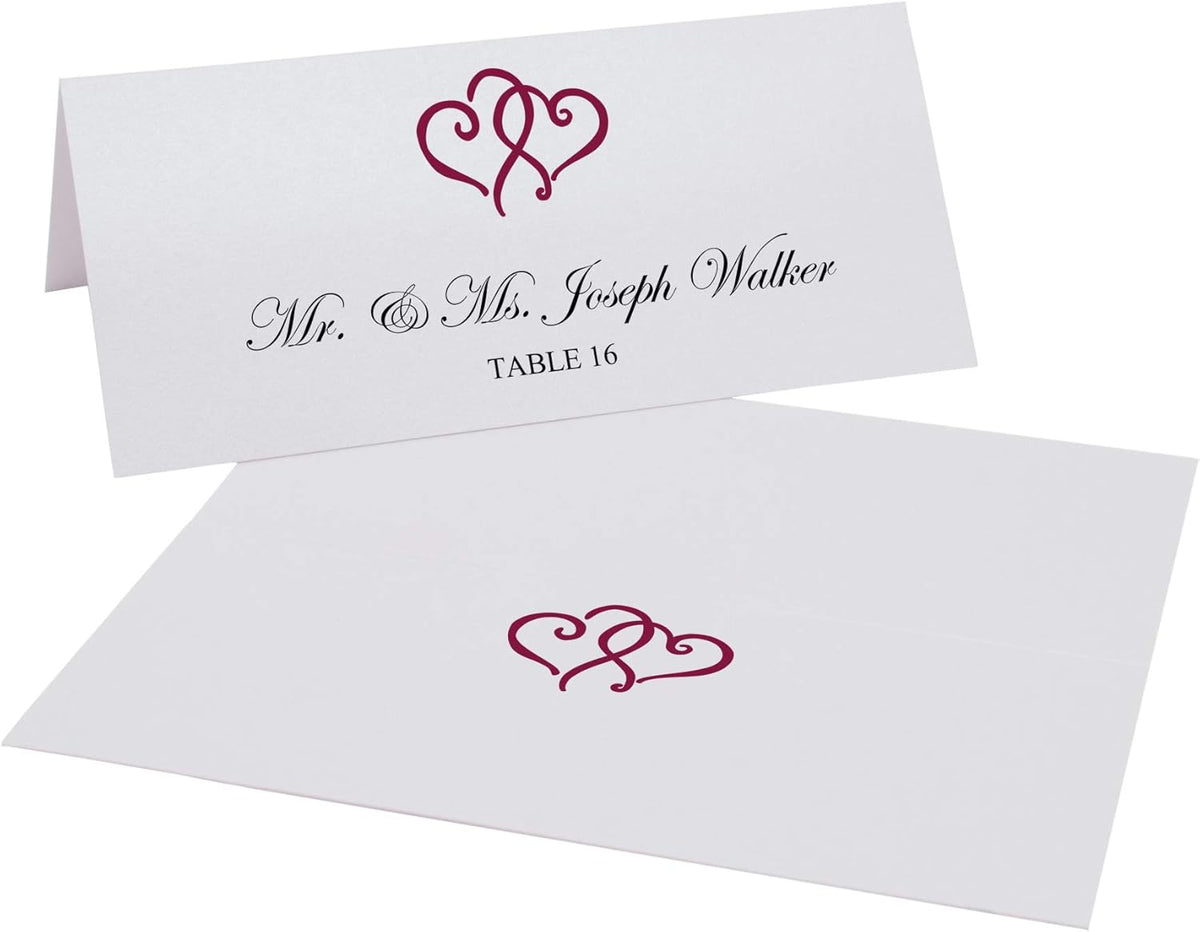 Linked Hearts Place Cards, Burgundy (Choose Color), Set of 60, Pre-cut and Scored - Wedding, Party