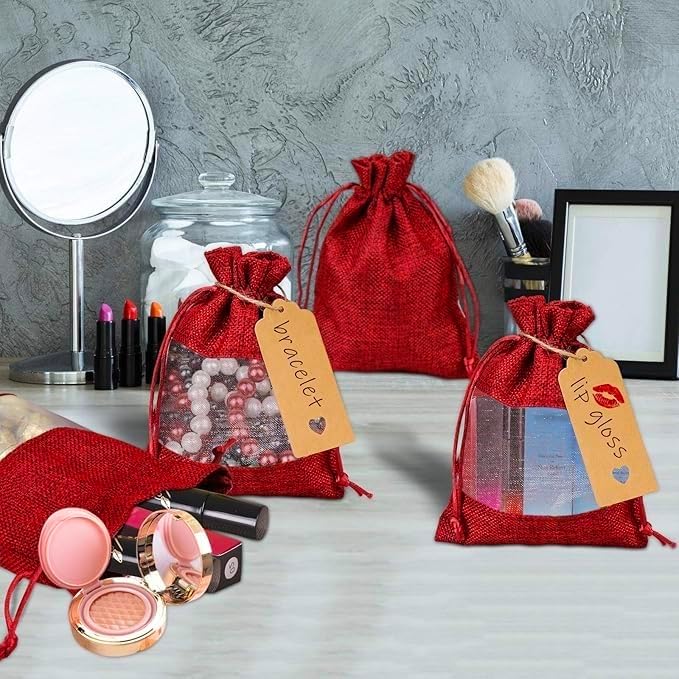 GIOIPC 50Pcs 4 x 6 Inch Linen Burlap Sheer Bags with Drawstring and Bonus Gift Tags for Wedding