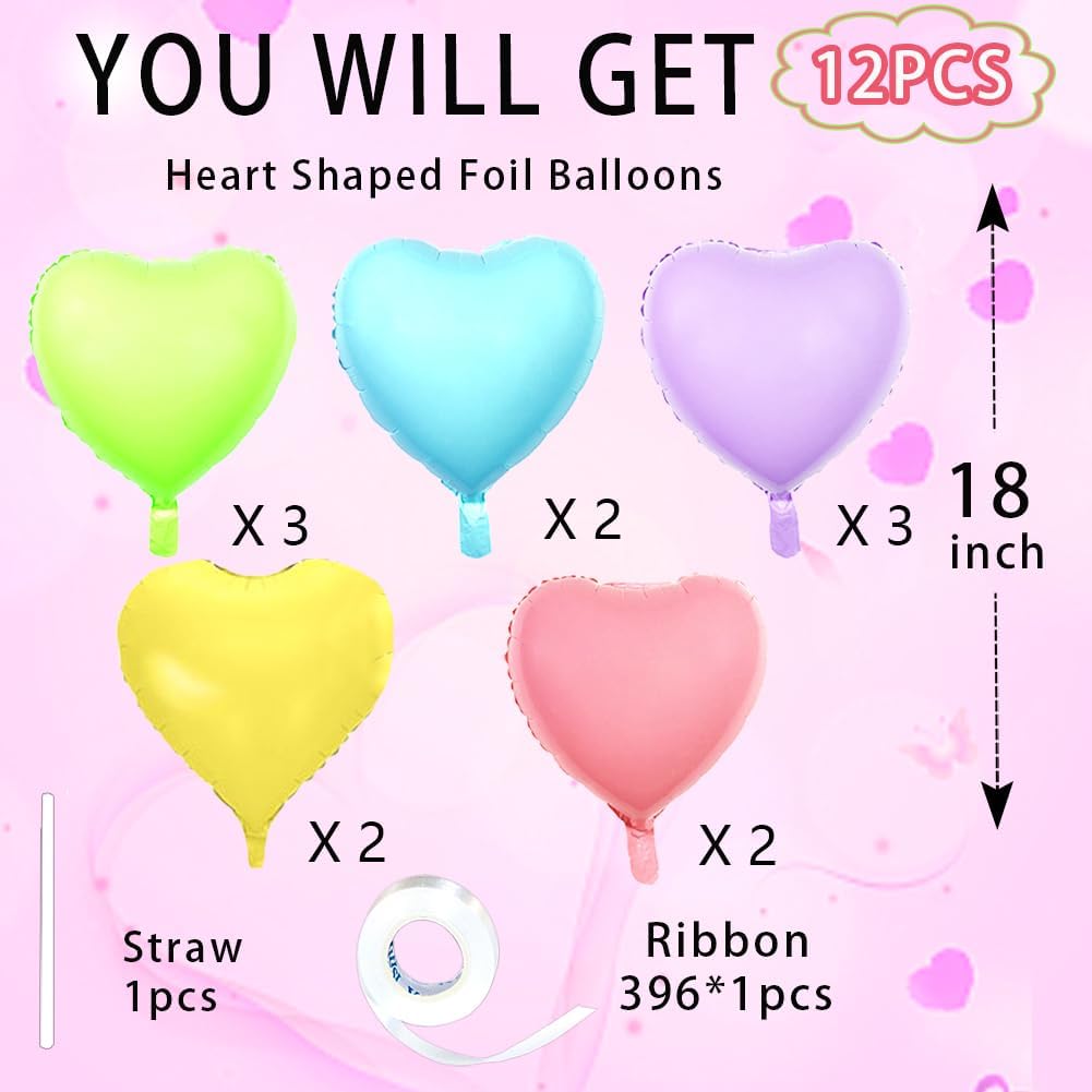 5 Colors Heart Balloons，18 Inch Color of Macaron Foil Mylar Love Heart Shaped Balloons for