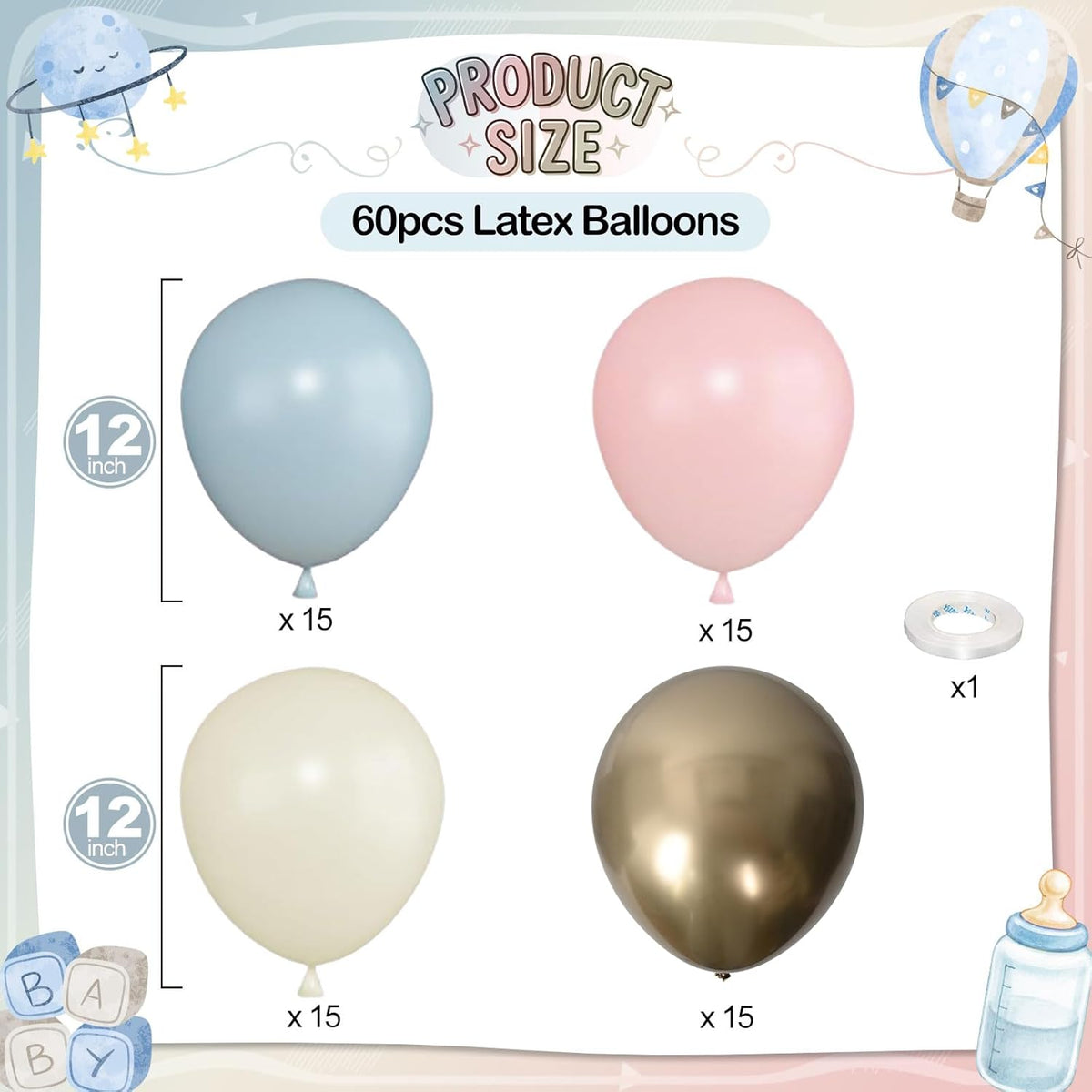 Gender Reveal Balloons, 60 Pcs 12 Inch Dusty Blue Pink Balloons, Chrome Gold Sand White Balloon for