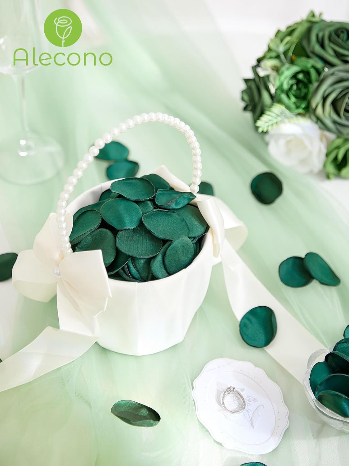 Alecono 600Pcs Silk Rose Petals, Fake Dark Green Petals for Wedding Proposal Flower Girl Basket