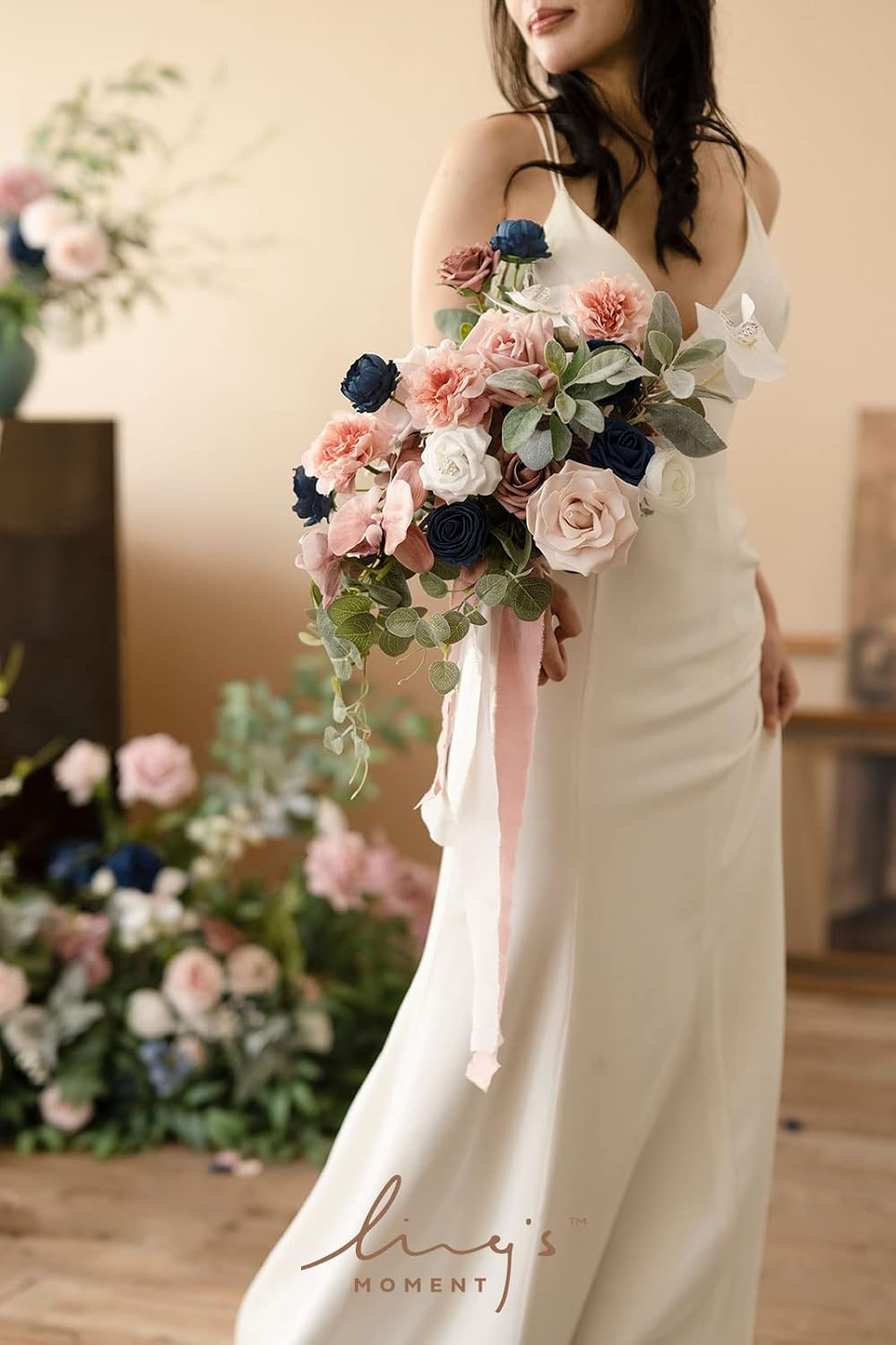 Ling's moment Dusty Rose Navy Blue Bridal Bouquet Cascading, Pink and Blue Wedding Bouquets for