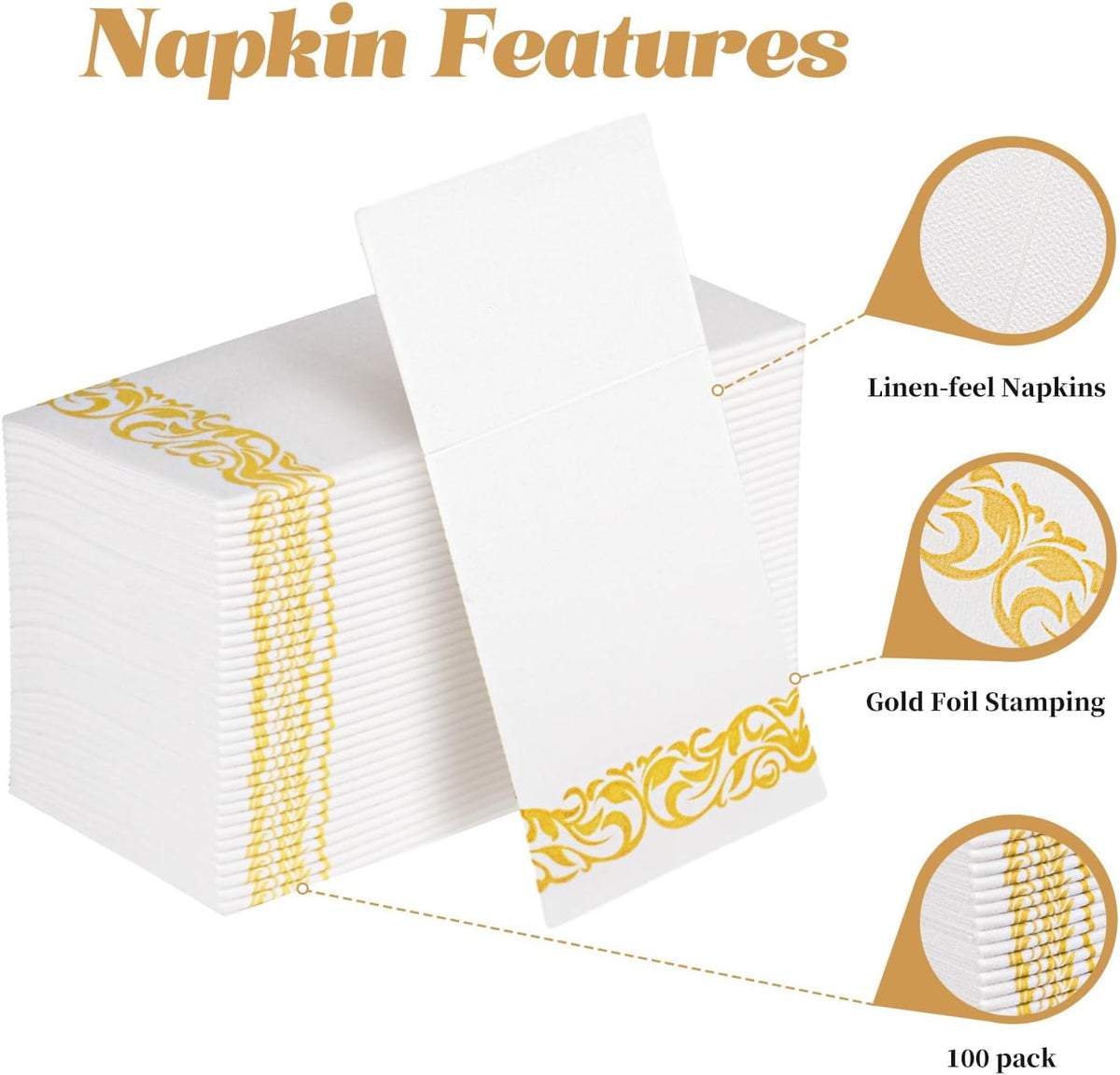 KAMMAK White Dinner Paper Napkins with Pocket Disposable 100 Pack Yellow Trim Linen Feel Wedding