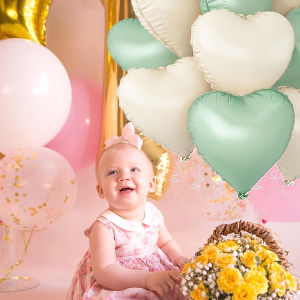 Baby White Heart Balloons，18 Inch Light Green Helium Foil Love Heart Shaped Balloons for