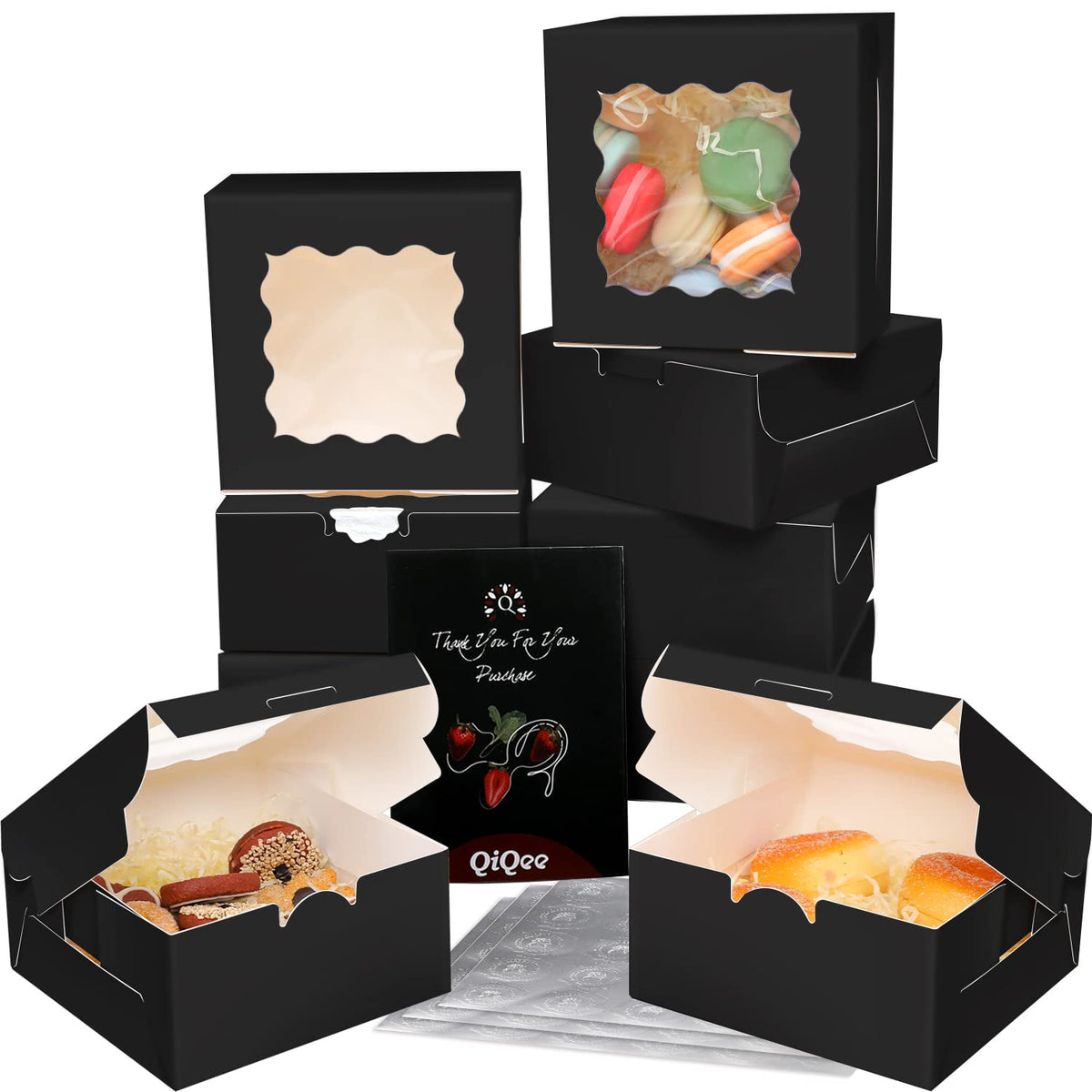 Bakepacker Black Bakery Boxes with Window 6x6x3 inches Thick & Sturdy Macaroon Pastry Boxes Cookie