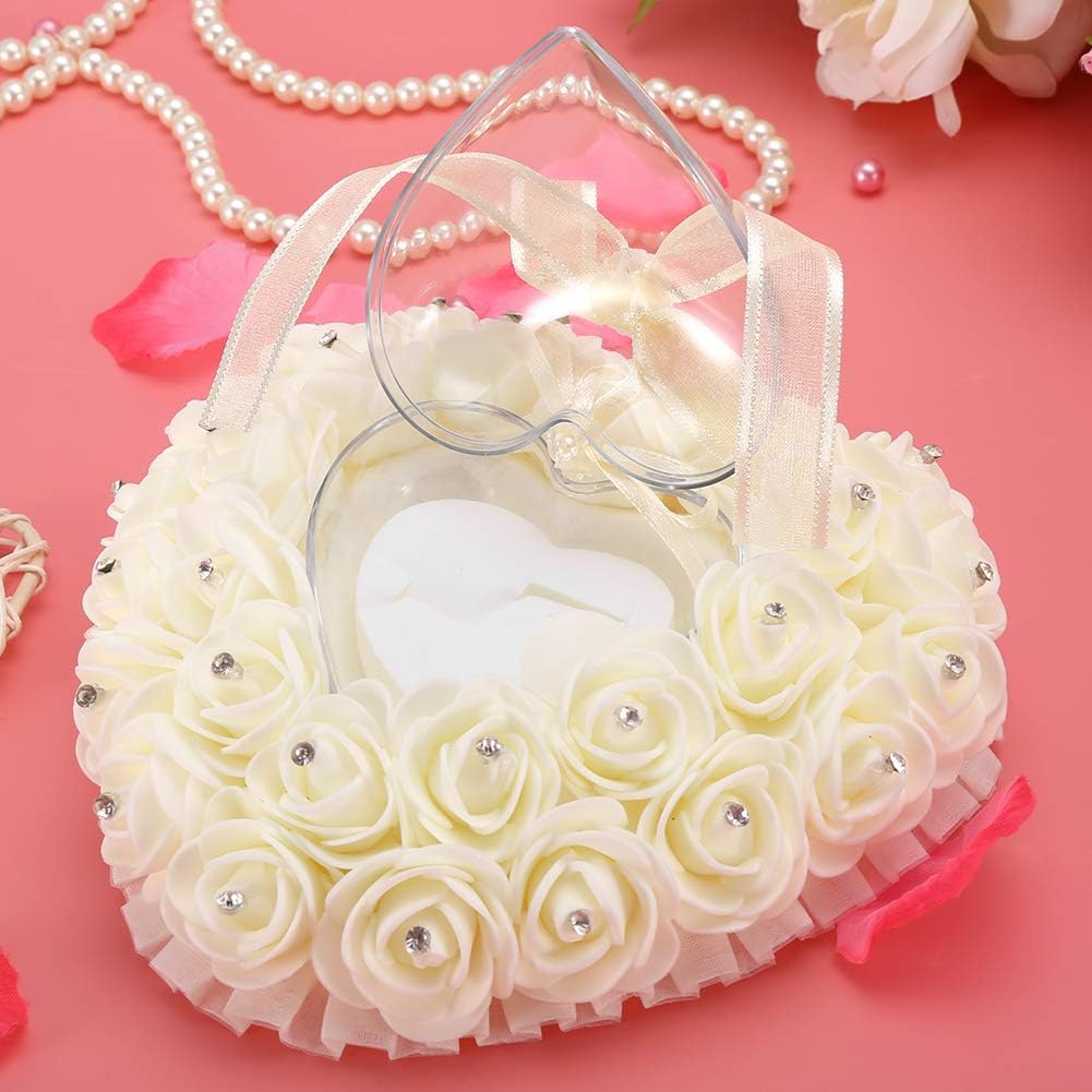Hilitand Wedding Cushion Pillow Romantic Heart Shaped Wedding Box Rose Rhinestone Decorative