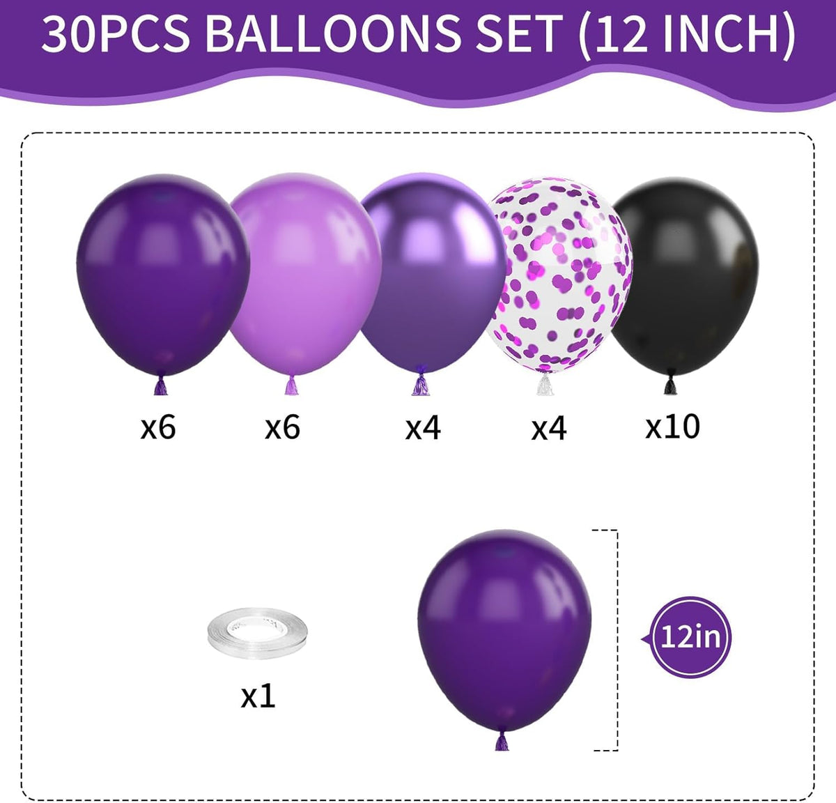 Purple and Black Balloons, 12 Inch Metallic Purple Dark Purple Black Balloons with Purple Confetti