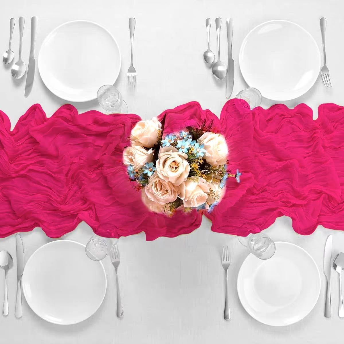 8 Pack Hot Pink 10 Ft Cheesecloth Table Runner 35x120 Inch Boho Wrinkled Sheer Romantic Gauze Decor