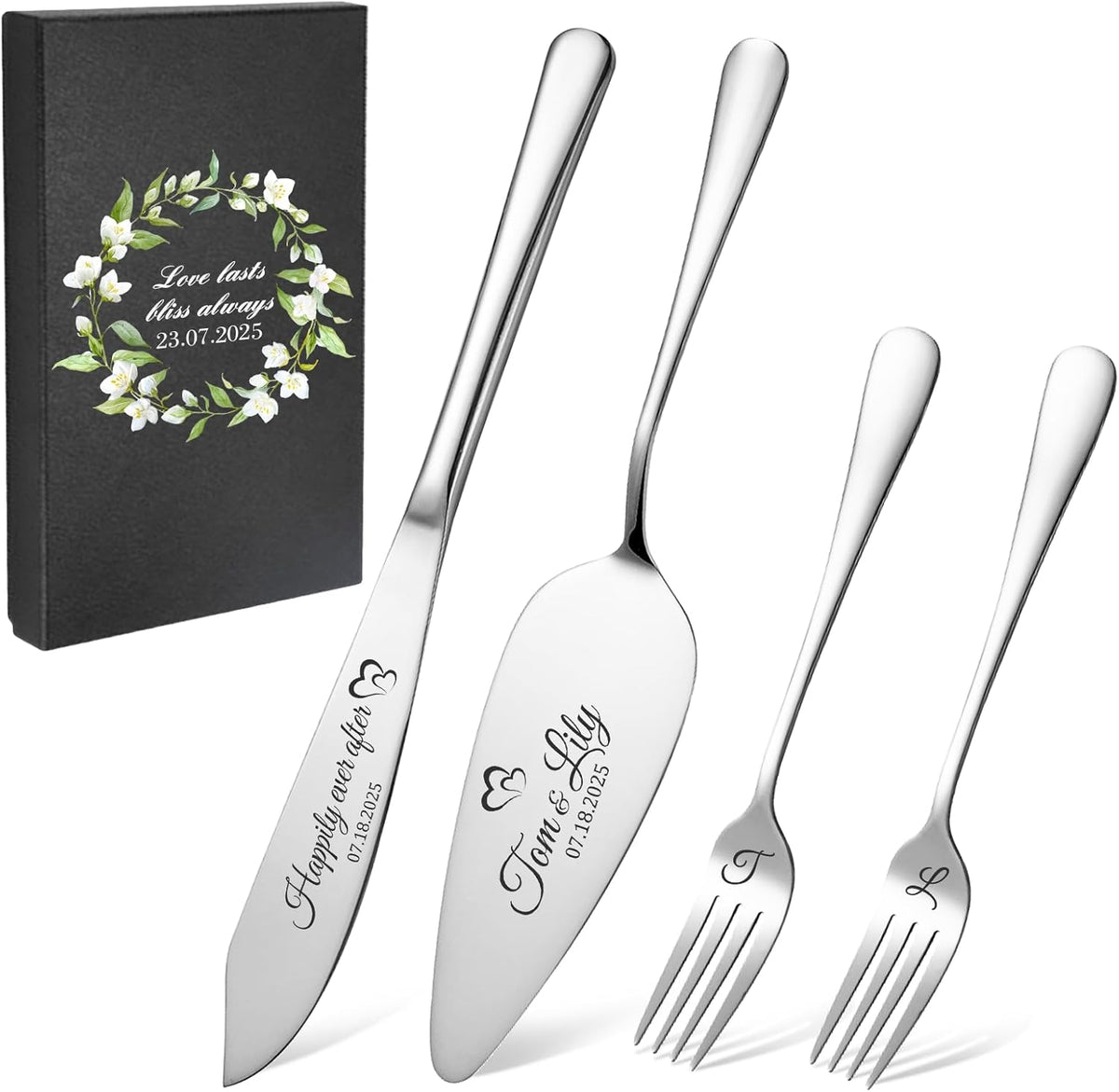 Personalized 4 Piece Wedding Cake Cutting Set, Custom Names Cake Knife and Server set with Forks
