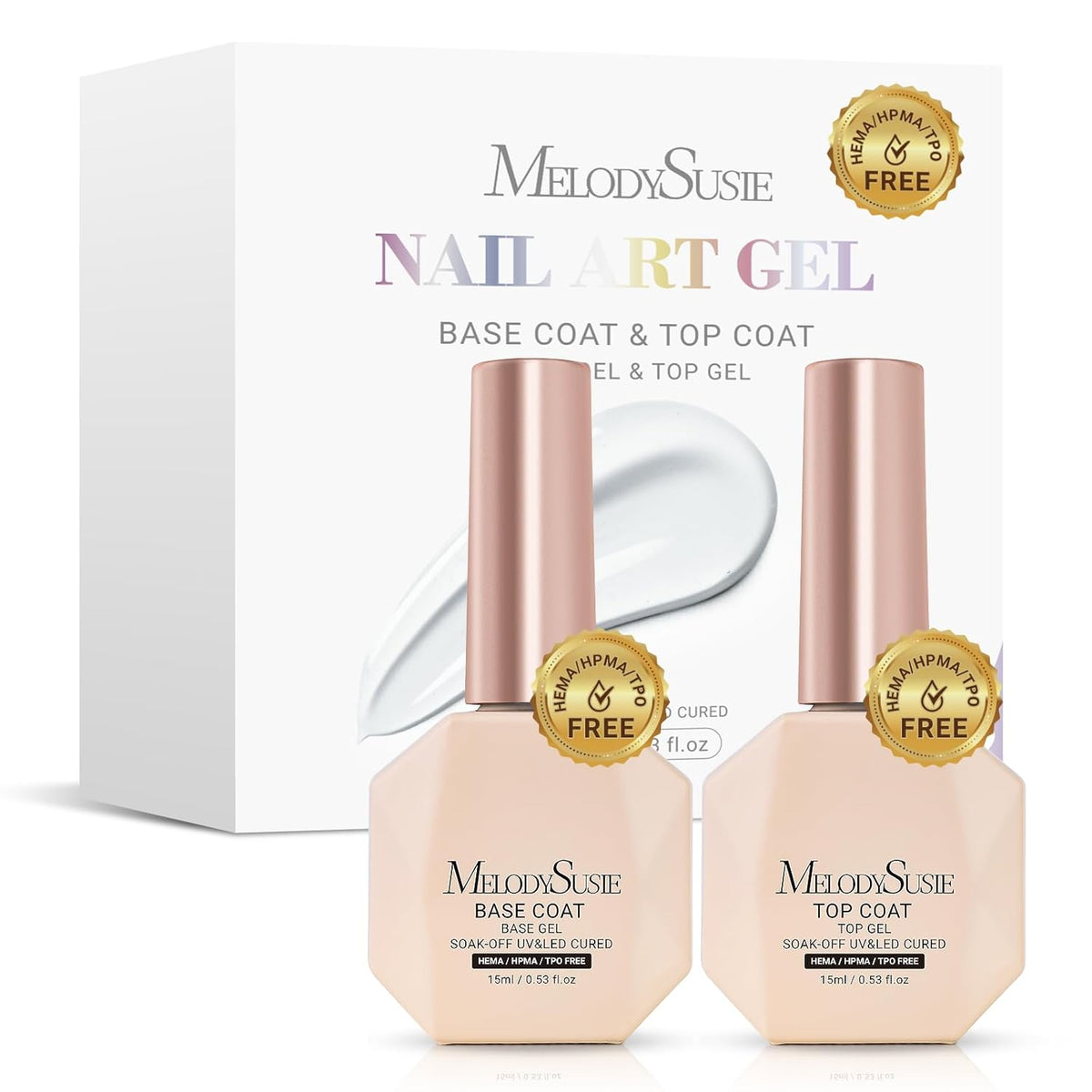 MelodySusie 2PCS Hema Free Gel Top Coat and Base Coat Set,Hema Free,Hpma Free,Tpo Free,No Wipe,Soak