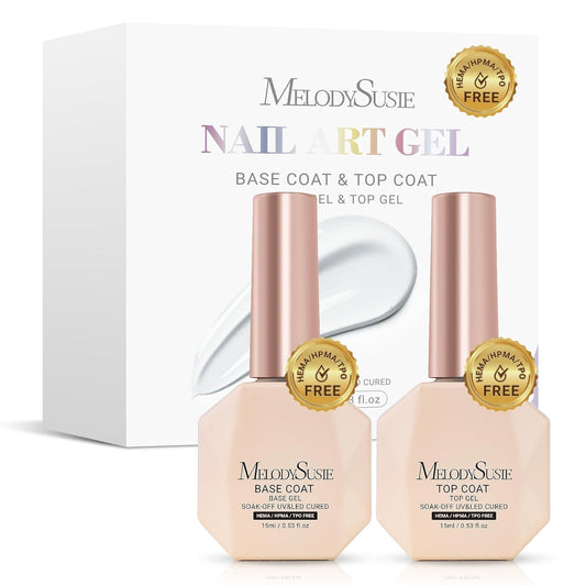 MelodySusie 2PCS Hema Free Gel Top Coat and Base Coat Set,Hema Free,Hpma Free,Tpo Free,No Wipe,Soak