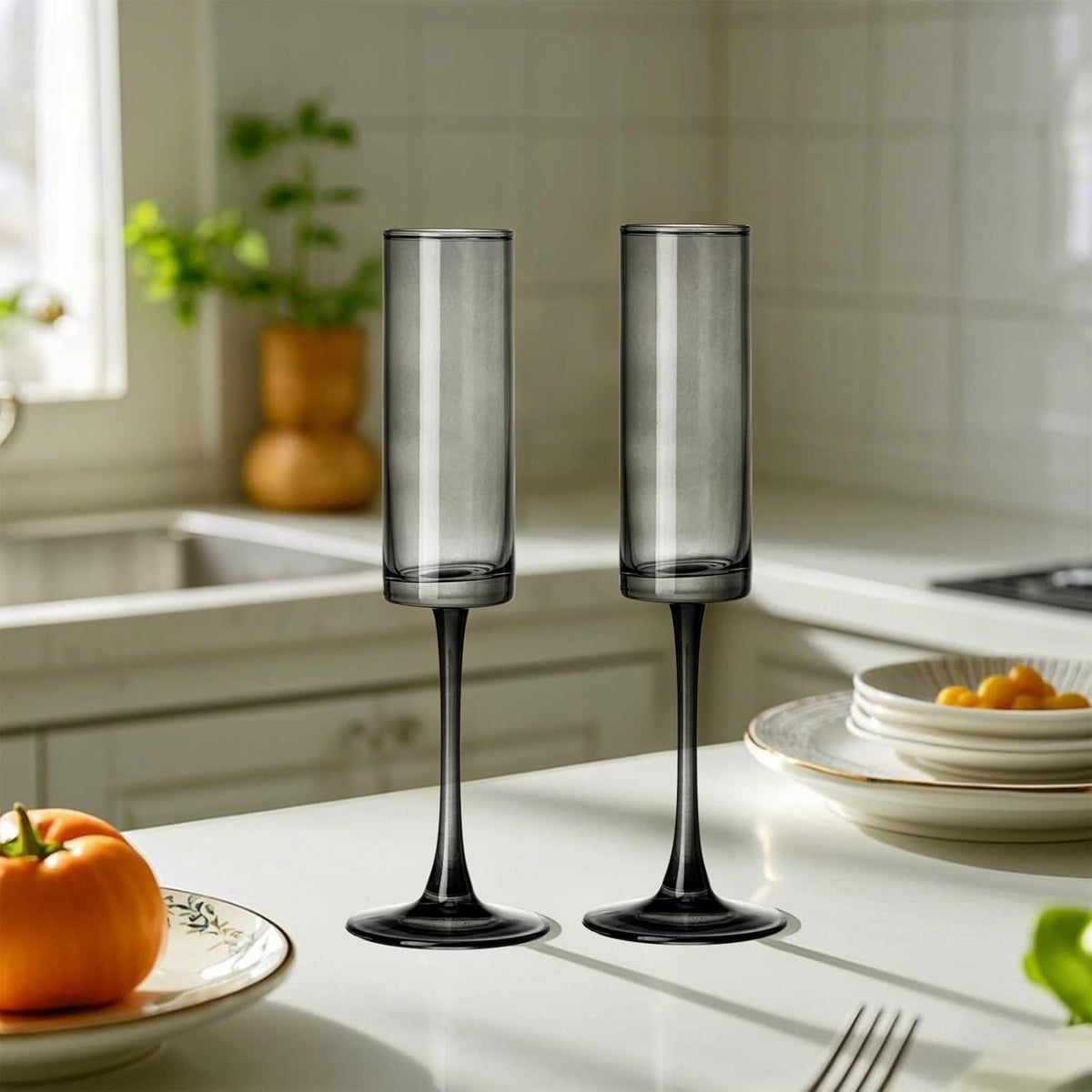 12 Pieces Black Champagne Flutes 6 OZ Straight Sided Wine Glasses Champagne Long Stem Drinking