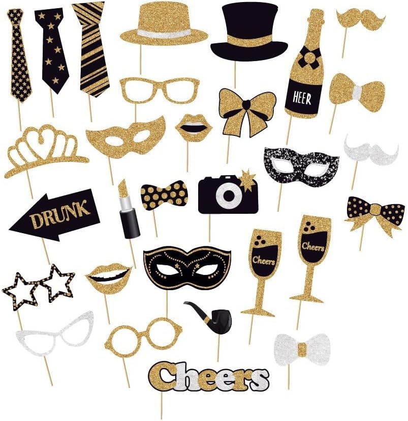 30 Pieces Black Golden Photo Booth Props for Birthday Wedding New Year Party,Mix of Hats, Mask