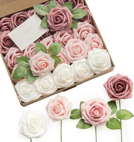 Ling's Moment Artificial Flowers, 25Pcs 3" Roses in Dusty Rose Shades, Realistic DIY Foam Floral