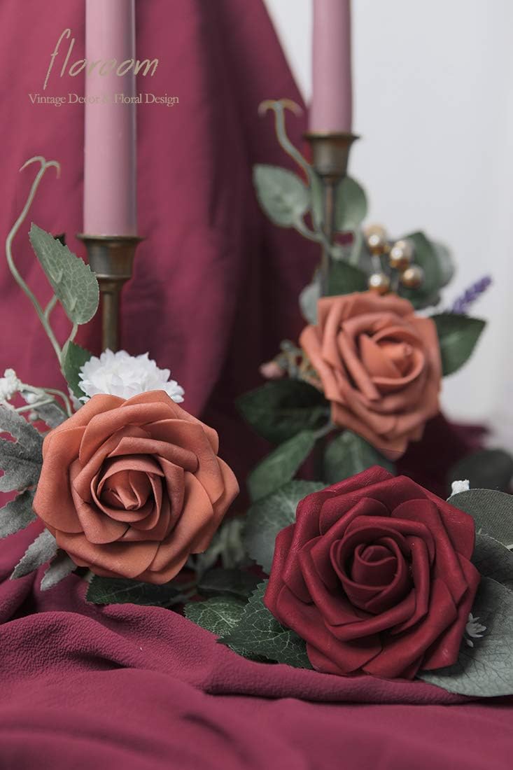 Floroom Artificial Flowers 25pcs Real Looking Burgundy Foam Fake Roses with Stems for DIY Wedding
