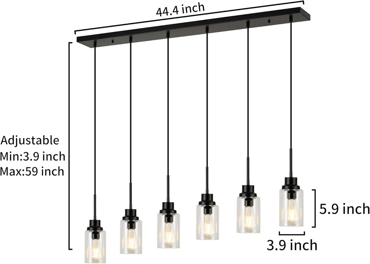 6 Lights Island Lights for Kitchen Modern Industrial Black Linear Chandeliers with Clear Glass