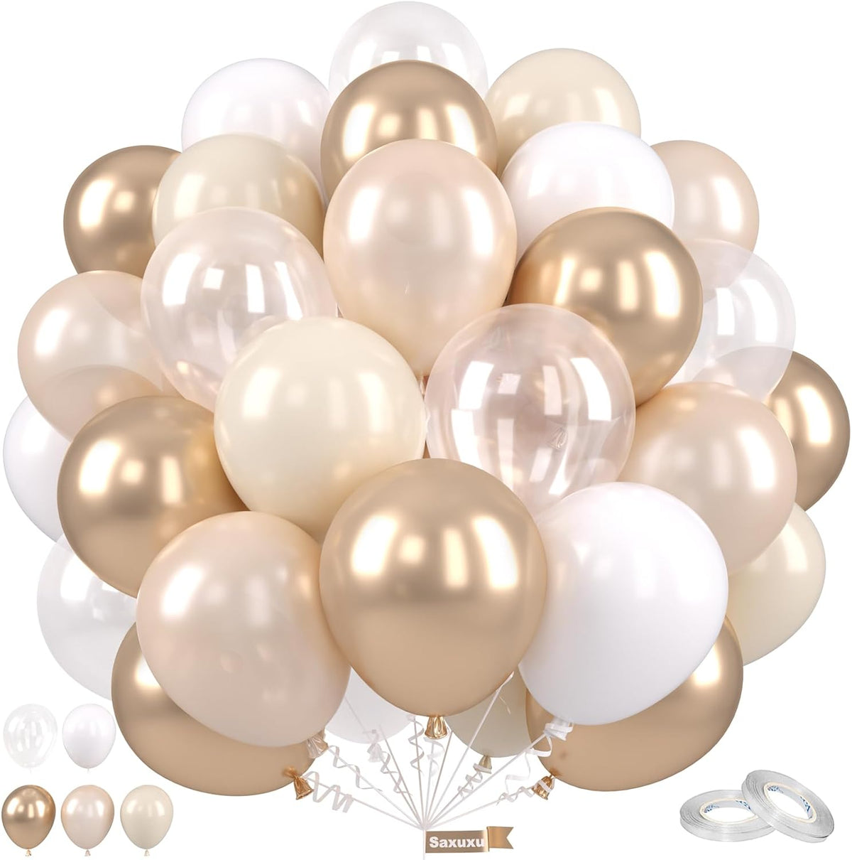 Gold and White Balloons, 12 Inch Gold Balloons, Nude Metallic Champagne Gold Balloons, Pearl White