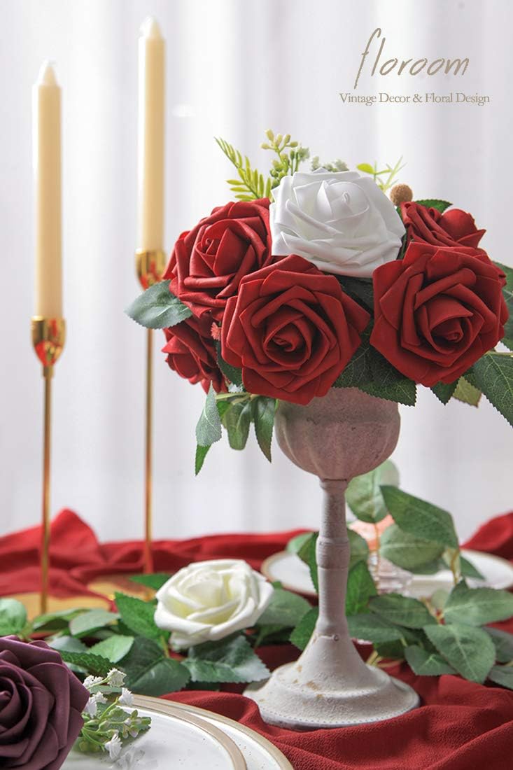 Floroom Artificial Flowers 50pcs Real Looking Dark Red Foam Fake Roses with Stems for DIY Wedding