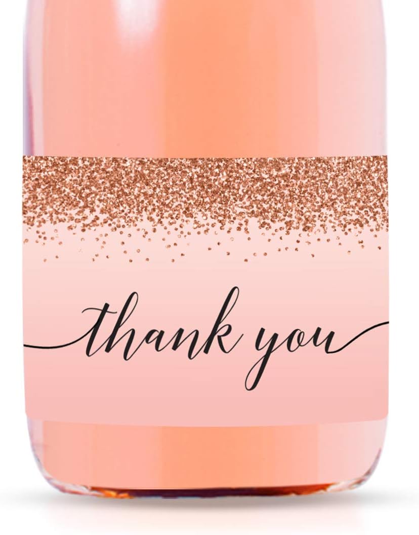 Andaz Press Mini Champagne Wine Bottle Labels, Thank You, Blush Pink Faux Rose Gold Glitter