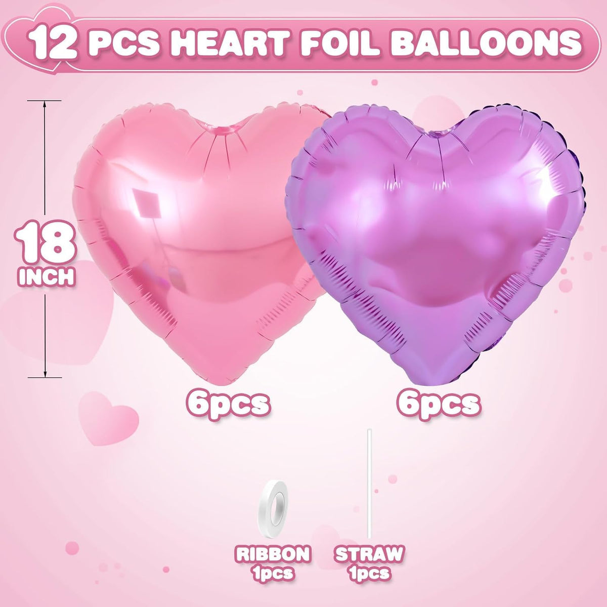 Pink Purple Heart Balloons,12Pcs Light Pink Heart Shaped Foil Balloons,18Inch Purple Pink Helium