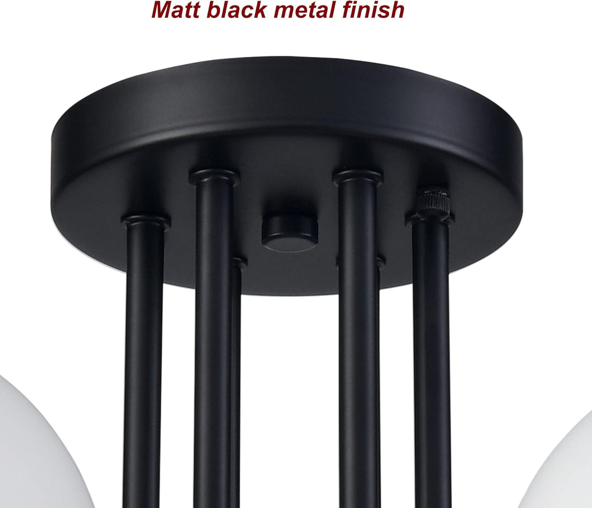 Modern 6-Light Black Metal Semi Flush Mount Ceiling Light With Globe White Glass Shade for Living