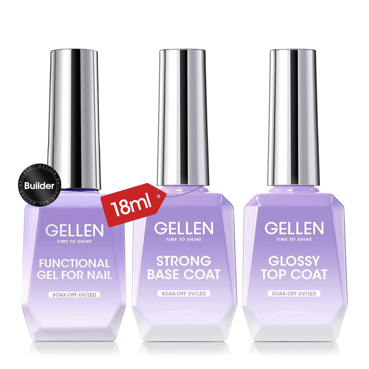 GELLEN Builder Nail Gel with Gel Top Coat Base Coat, 3 Pcs 18ml Top Coat Nail Polish Set, Soak Off