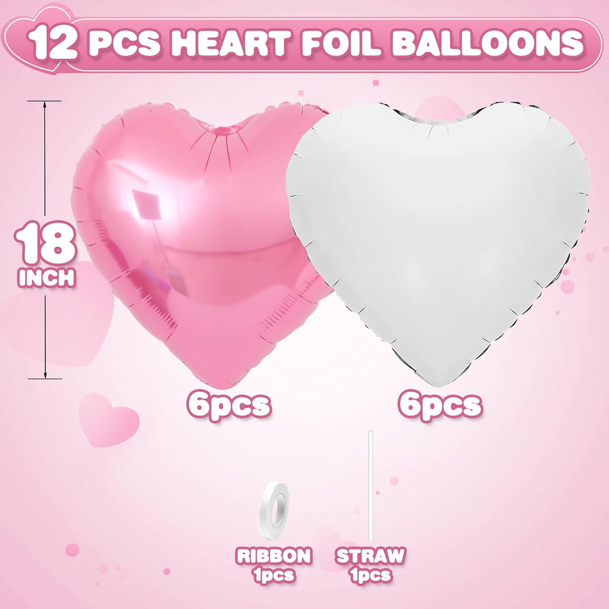 Pink White Heart Balloons,12Pcs Light Pink Heart Shaped Foil Balloons,18Inch White Helium Polyester