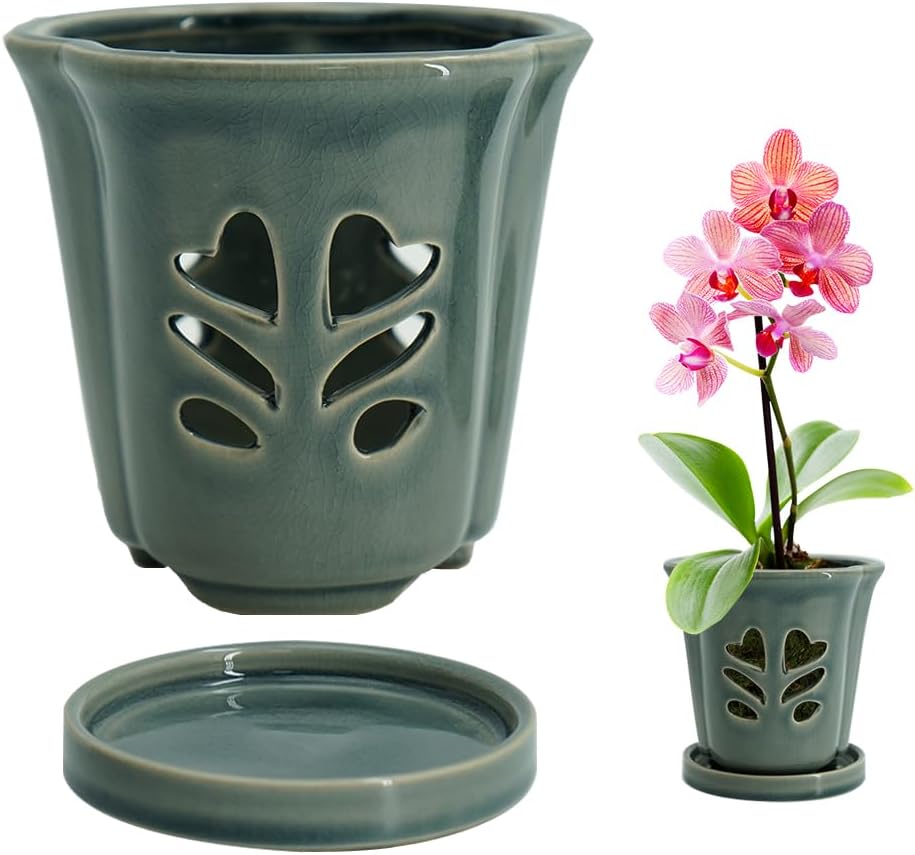 4 Inch Orchid Pot, Orchid Pots with Holes, Ceramic Orchid Pot for Repotting, Beatiful Ice Cracked