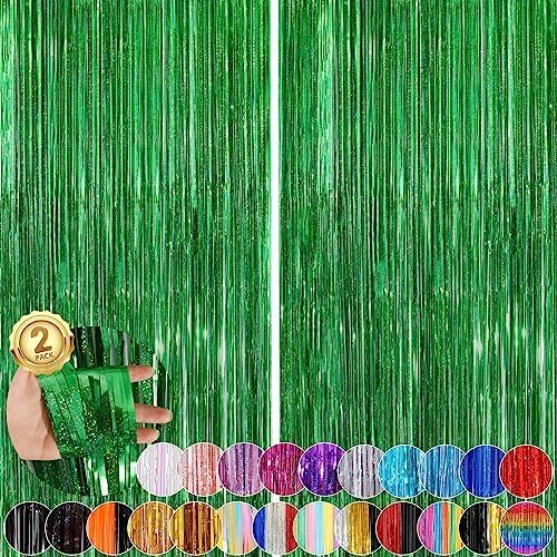 Green Party Streamers 2Pack Foil Fringe Curtains 3.3 x 8.3ft Door Streamers Metallic Tinsel Curtain