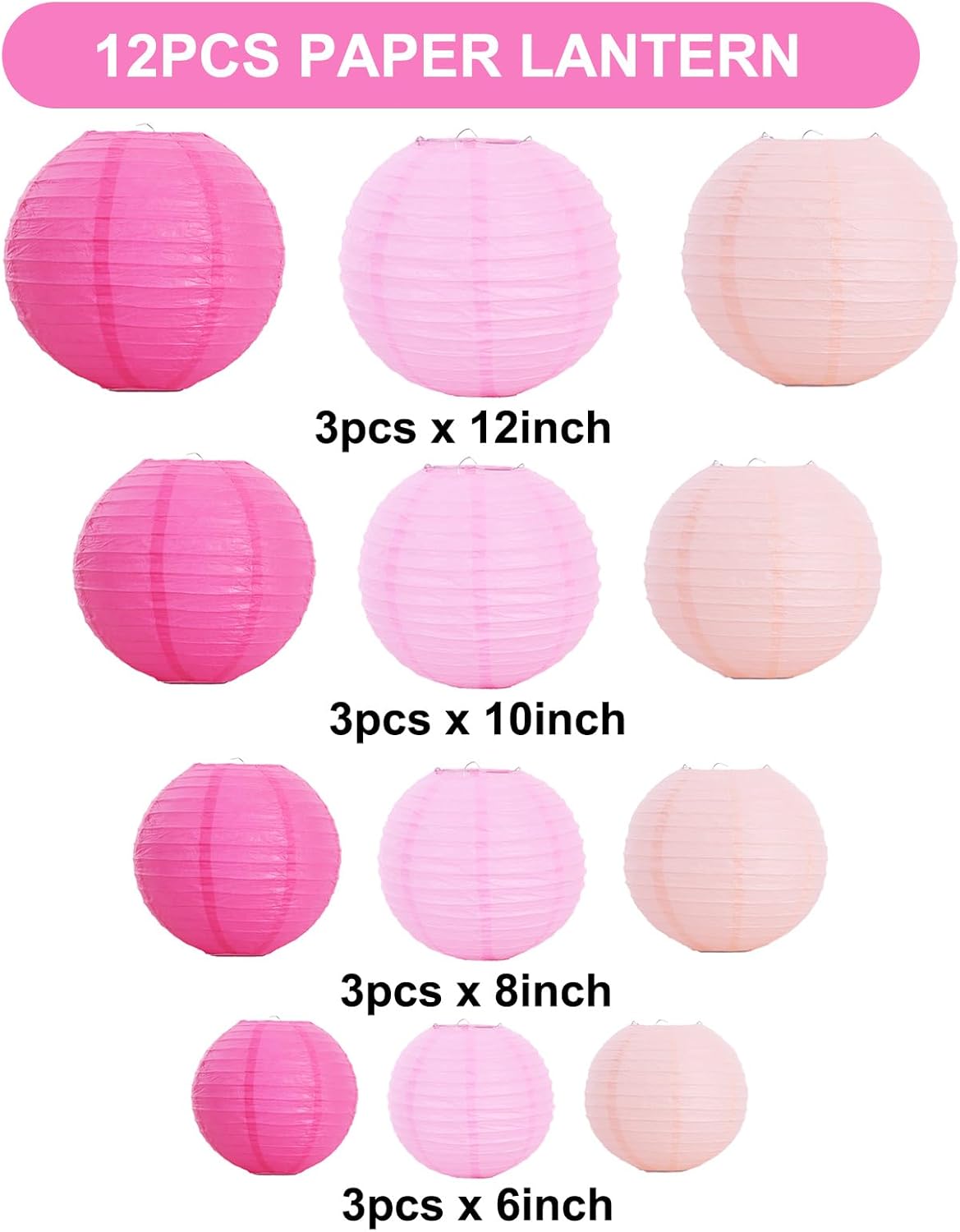 BEISHIDA 12 Pcs Pink Mix Paper Lanterns,Hanging Decorative Chinese Japanese Round Paper Lantern