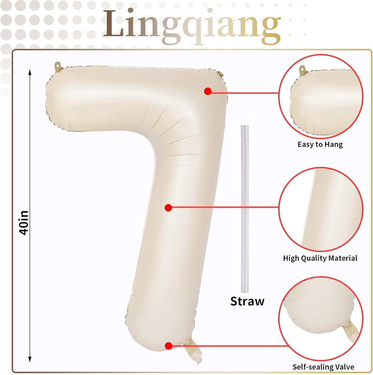40'' Beige Number 7 Balloons, Giant Self Inflating Cream Foil Number Balloons Set 0-9, Large White