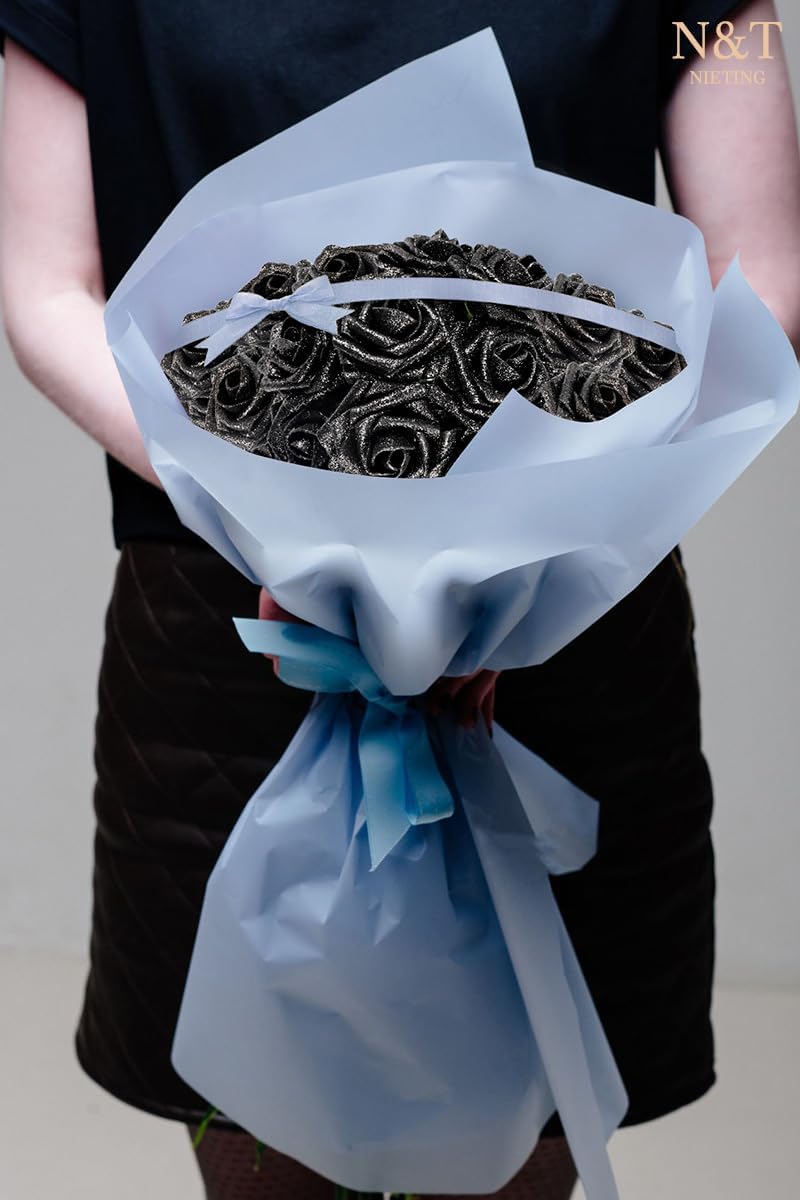 N&T NIETING Artificial Flowers Black Glitter Flowers Foam 25pcs Glitter Roses Real Looking Fake