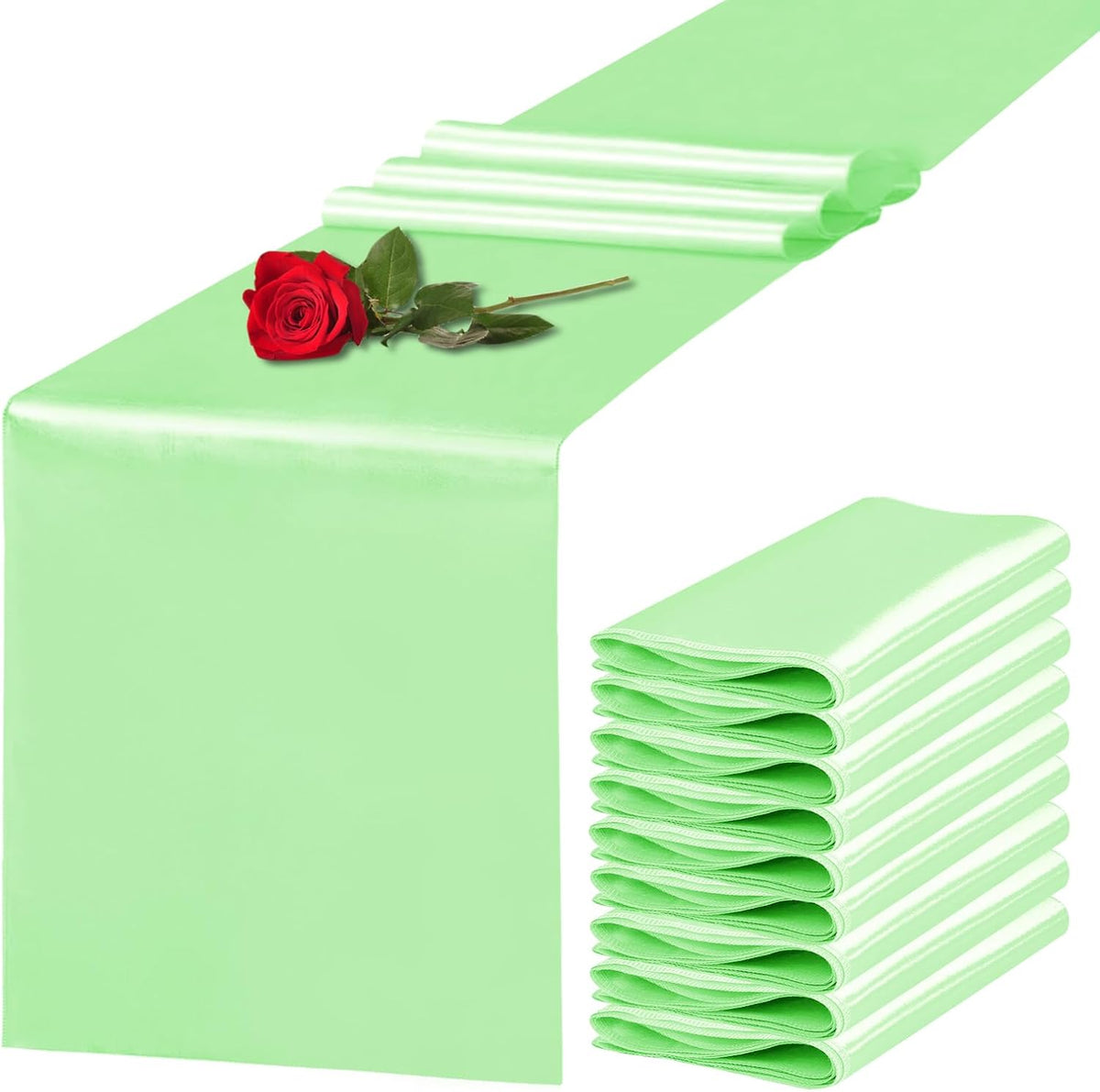 10 Pack Satin Table Runner 12 x 108 Inch Long Green Silk Table Runner for Wedding Party Banquet