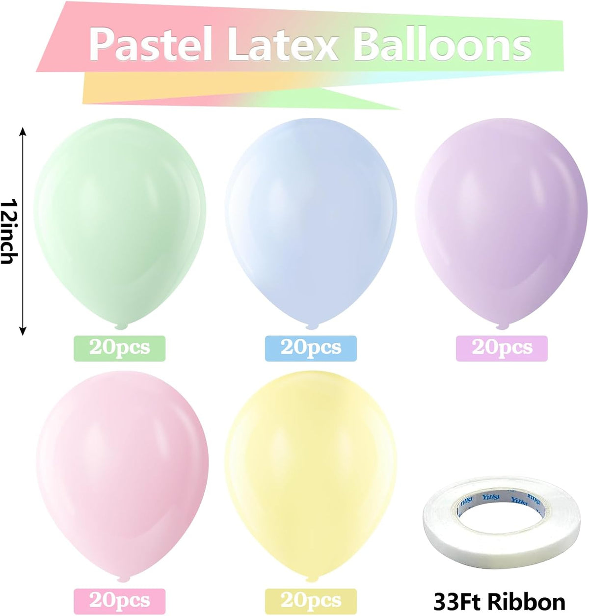 Bezente Pastel Balloons Latex Party Balloons, 100 Pack 12 inch Round Helium Multicolor Macaron