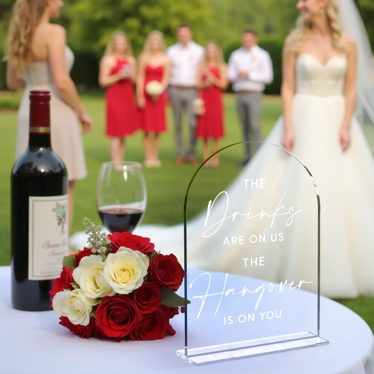 Wedding Signs，The Drinks Are on Us Sign, 5 x 7 Inch Arch Acrylic Wedding Sign, Wedding Sign for