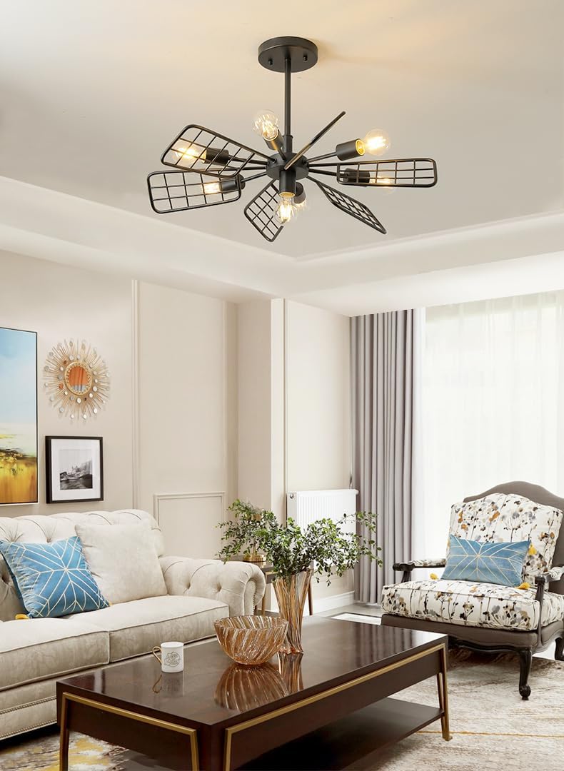 Modern Farmhouse Chandelier,28 Inch Black Metal Geometry Rustic Vintage Semi Flush Mounted Ceiling