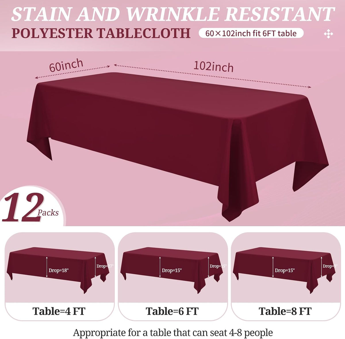 12 Pack Burgundy Tablecloths for Rectangle Tables 60 x 102 Inch Polyester Tablecloth 6 Foot