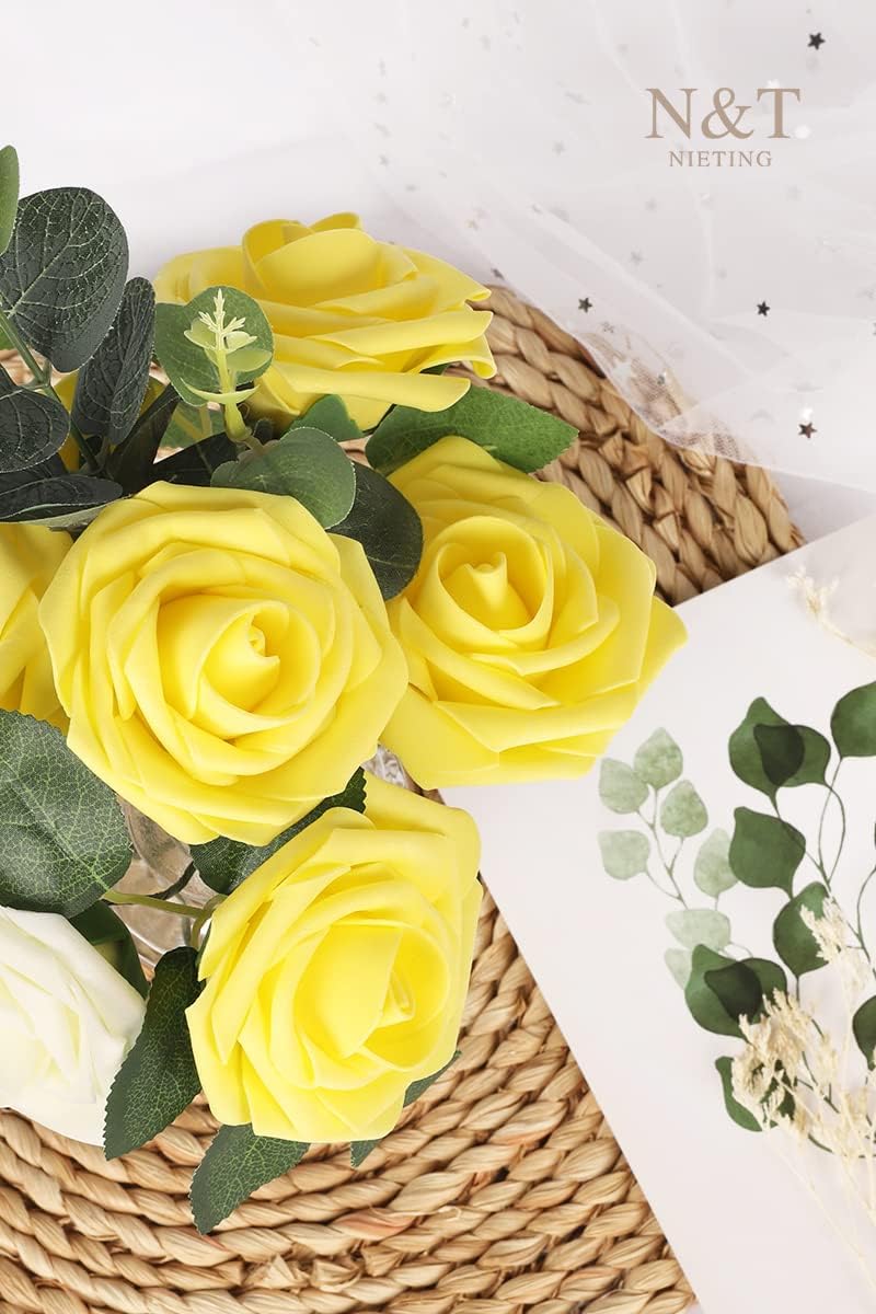 N&T NIETING Artificial Flowers Yellow Roses, 50 Pcs Fake Flowers Foam Roses Perfect for DIY Wedding