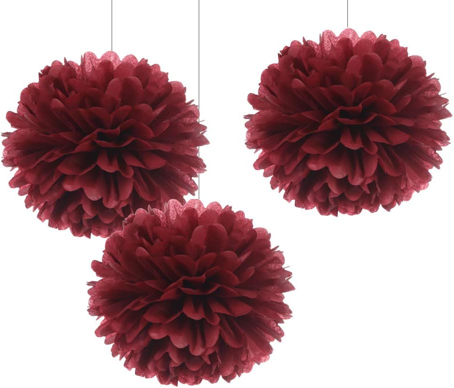 12" Burgundy Tissue Pom Poms DIY Hanging Paper Flower Balls for Bridal Shower Birthday Party
