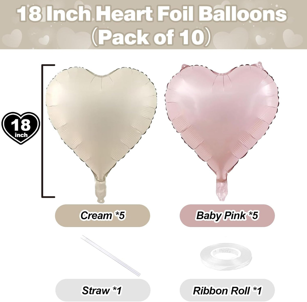 Pink White Heart Balloons, 18 Inch Baby Pink and Cream Helium Foil Heart Balloon 10Pcs Pastel Nude