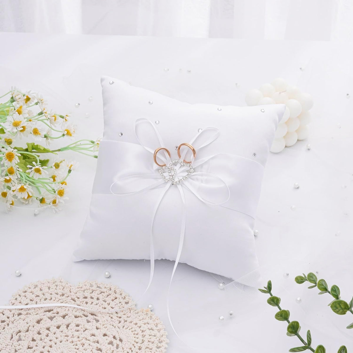 QIRMIZI Wedding Ring Pillow and Flower Girl Basket Set – Adorned with Pearl Rhinestones, White