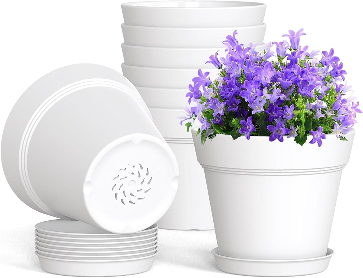 4 Inch Plastic Plant Pots with Drainage Holes and Trays – 8 Pack Small Nursery Pots for Indoor &