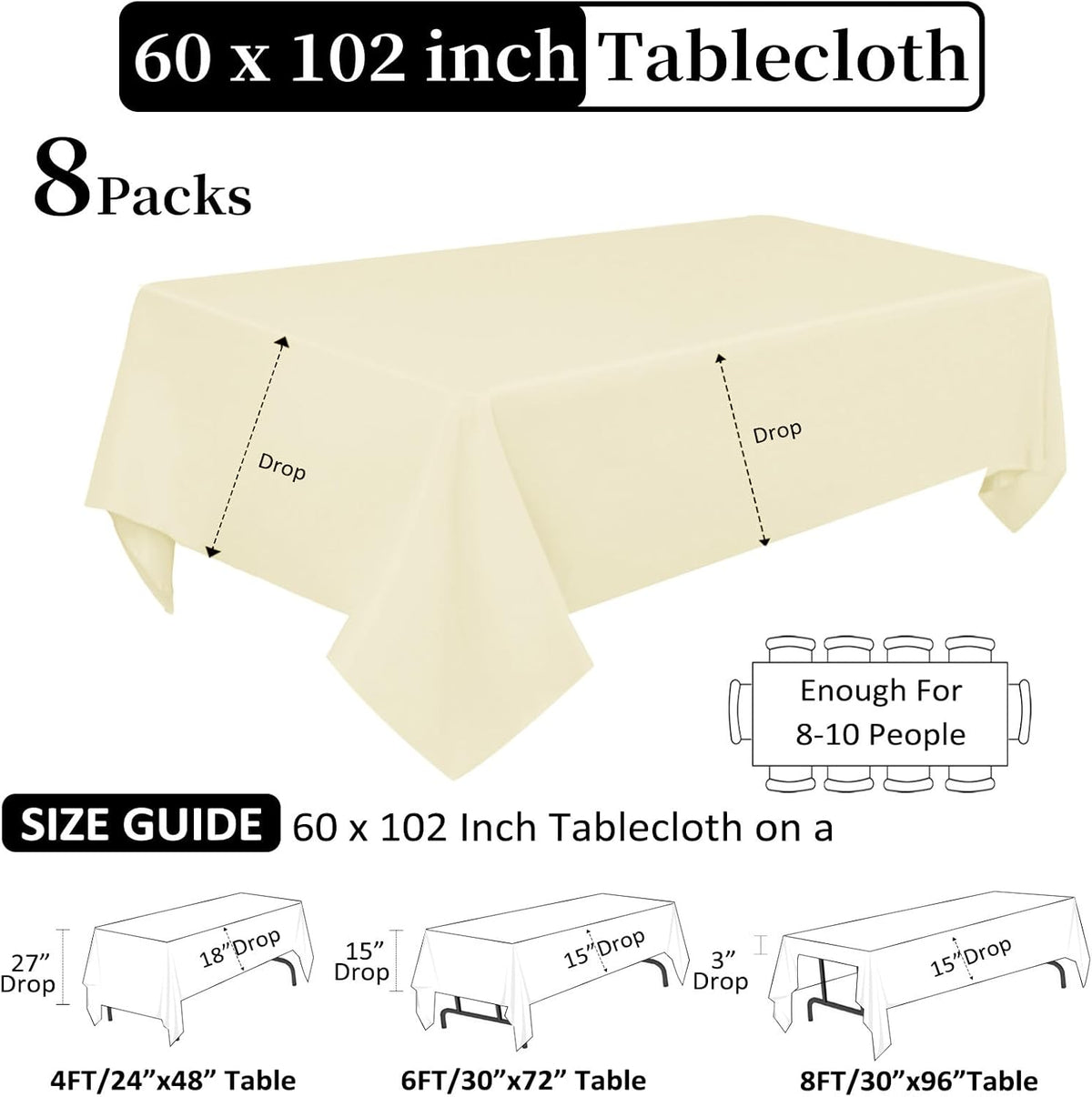 8 Pack Beige Tablecloth 60 x 102 Inch Rectangular Tablecloths for 6 Foot Rectangle Tables, Wrinkle