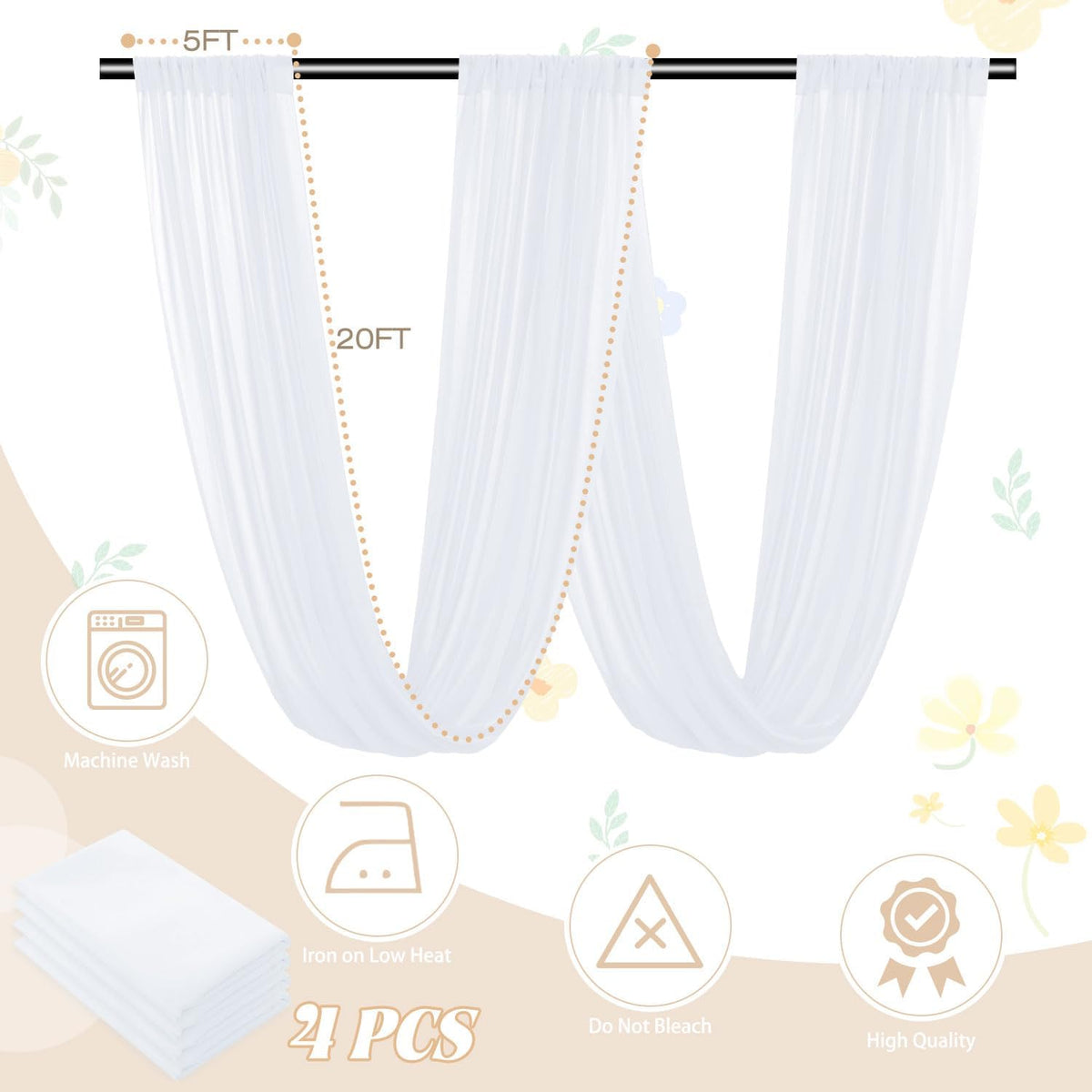 FUHSY White Ceiling Drapes for Wedding Arch Draping Fabric 4 Panels 5x20FT Chiffon Wedding Arch